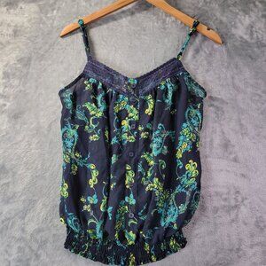 Kira‎ Womens Tank Top Large Navy Blue Floral Lace Trim Button Front Boho Casual